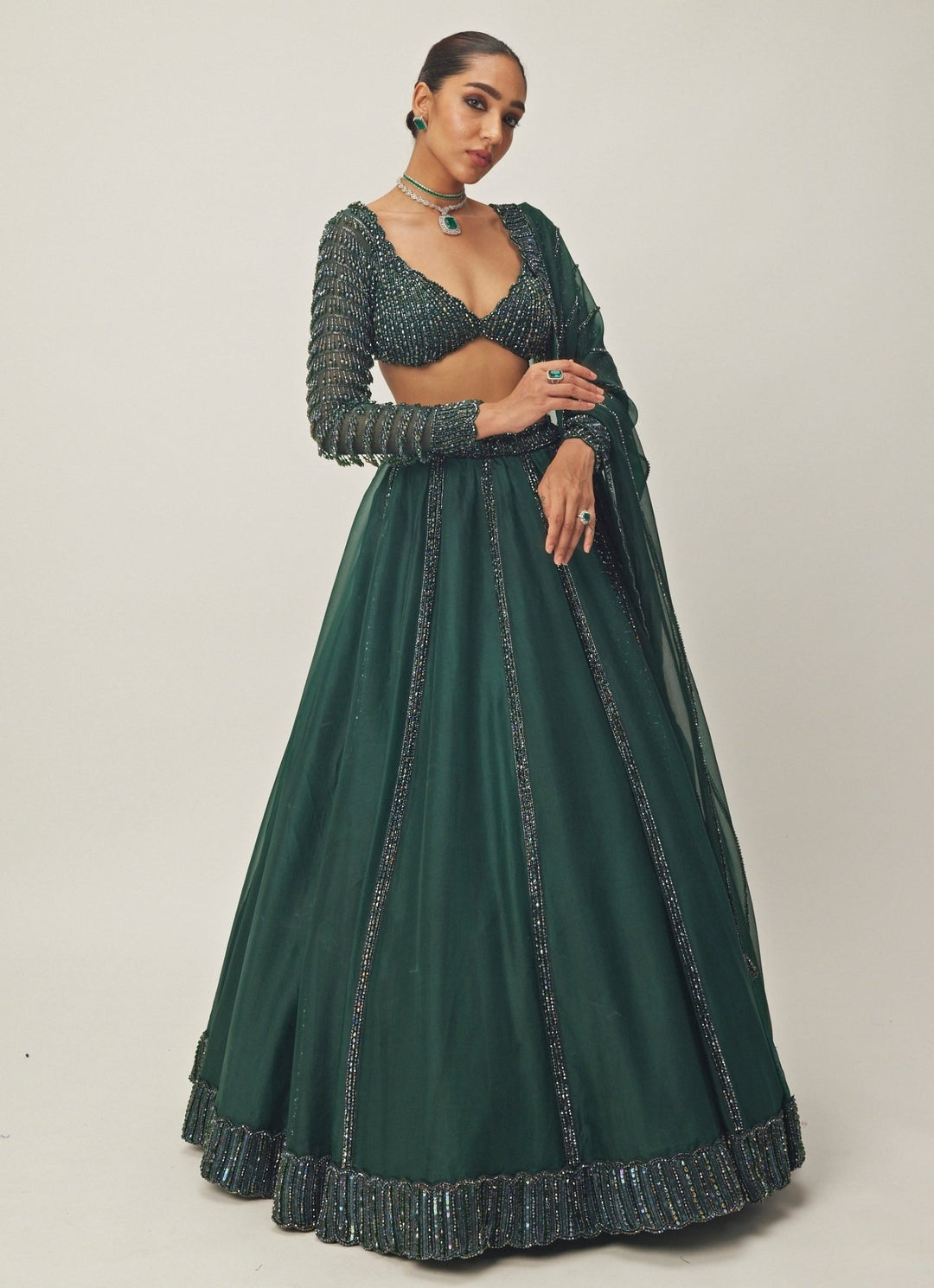 Green Crystal And Sequin Embroidered Organza Lehenga Set Vvani By Vani Vats - Fabilicious Fashion