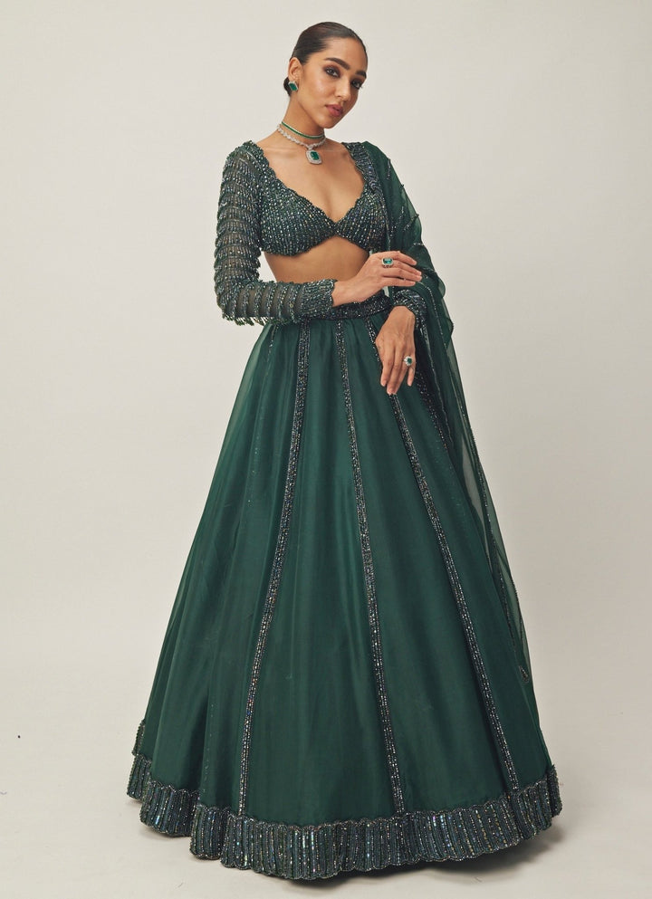 Green Crystal And Sequin Embroidered Organza Lehenga Set Vvani By Vani Vats - Fabilicious Fashion