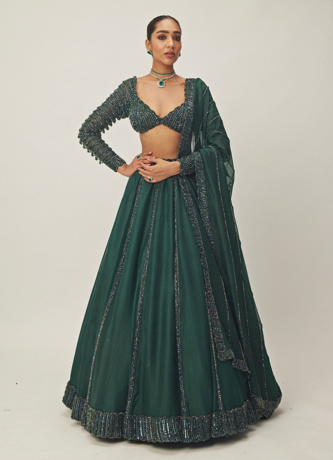 Green Crystal And Sequin Embroidered Organza Lehenga Set Vvani By Vani Vats - Fabilicious Fashion