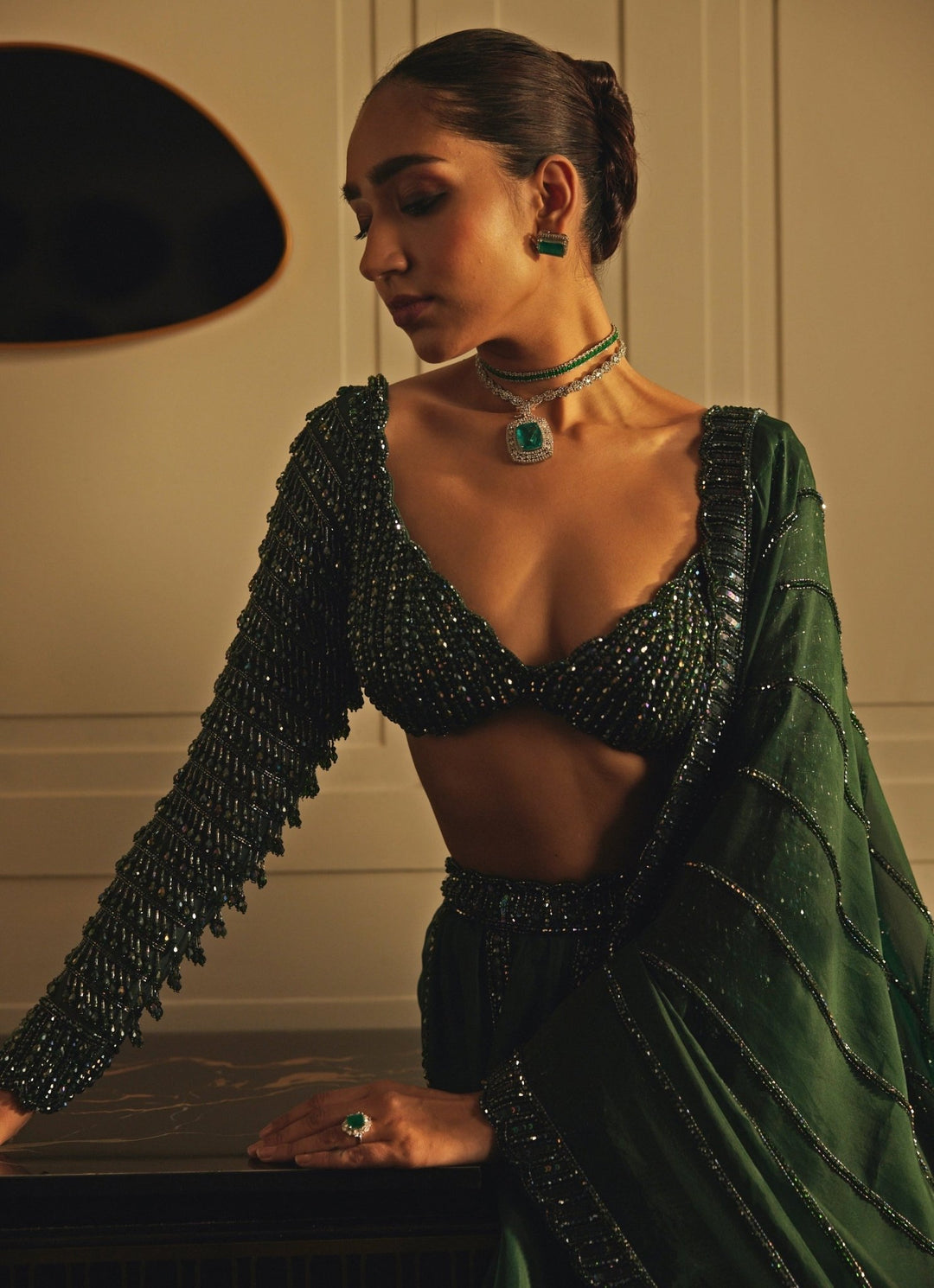Green Crystal And Sequin Embroidered Organza Lehenga Set Vvani By Vani Vats - Fabilicious Fashion
