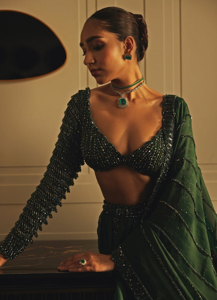 Green Crystal And Sequin Embroidered Organza Lehenga Set Vvani By Vani Vats - Fabilicious Fashion