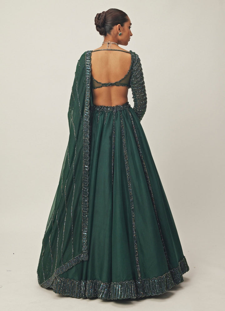 Green Crystal And Sequin Embroidered Organza Lehenga Set Vvani By Vani Vats - Fabilicious Fashion