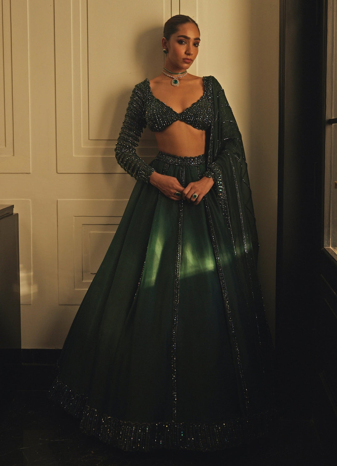 Green Crystal And Sequin Embroidered Organza Lehenga Set Vvani By Vani Vats - Fabilicious Fashion