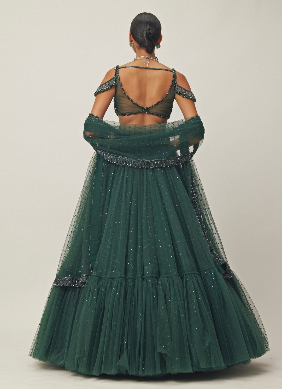 Green Crystal And Sequin Embroidered Tulle Lehenga Vvani By Vani Vats - Fabilicious Fashion