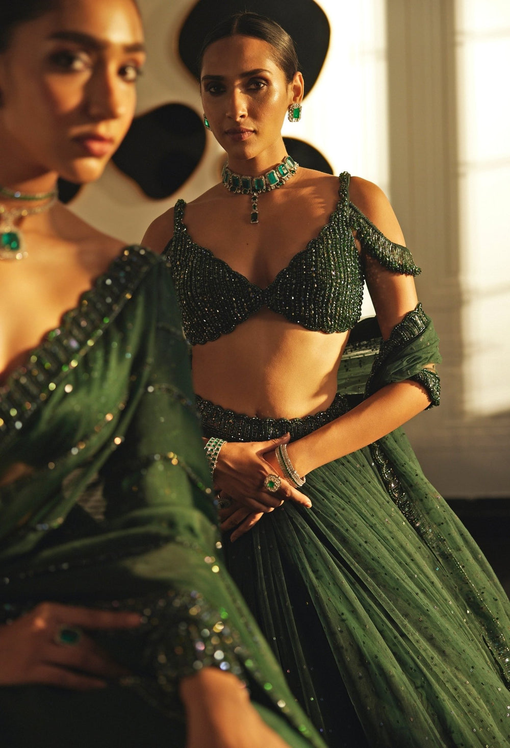 Green Crystal And Sequin Embroidered Tulle Lehenga Vvani By Vani Vats - Fabilicious Fashion