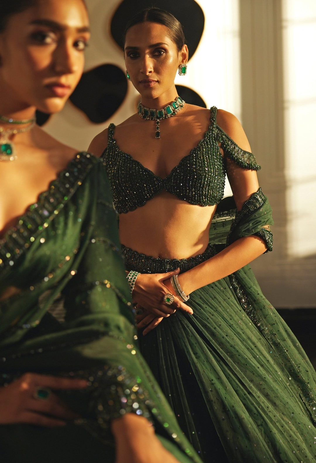 Green Crystal And Sequin Embroidered Tulle Lehenga Vvani By Vani Vats - Fabilicious Fashion