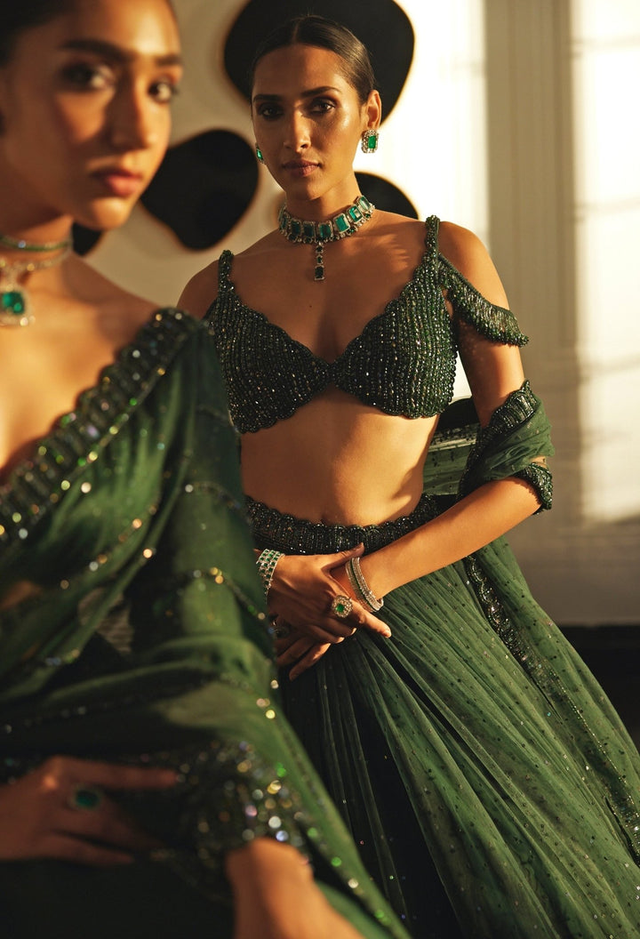 Green Crystal And Sequin Embroidered Tulle Lehenga Vvani By Vani Vats - Fabilicious Fashion