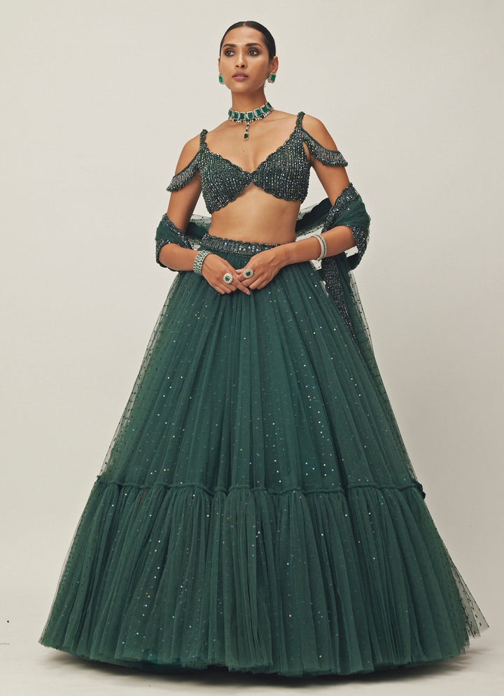 Green Crystal And Sequin Embroidered Tulle Lehenga Vvani By Vani Vats - Fabilicious Fashion