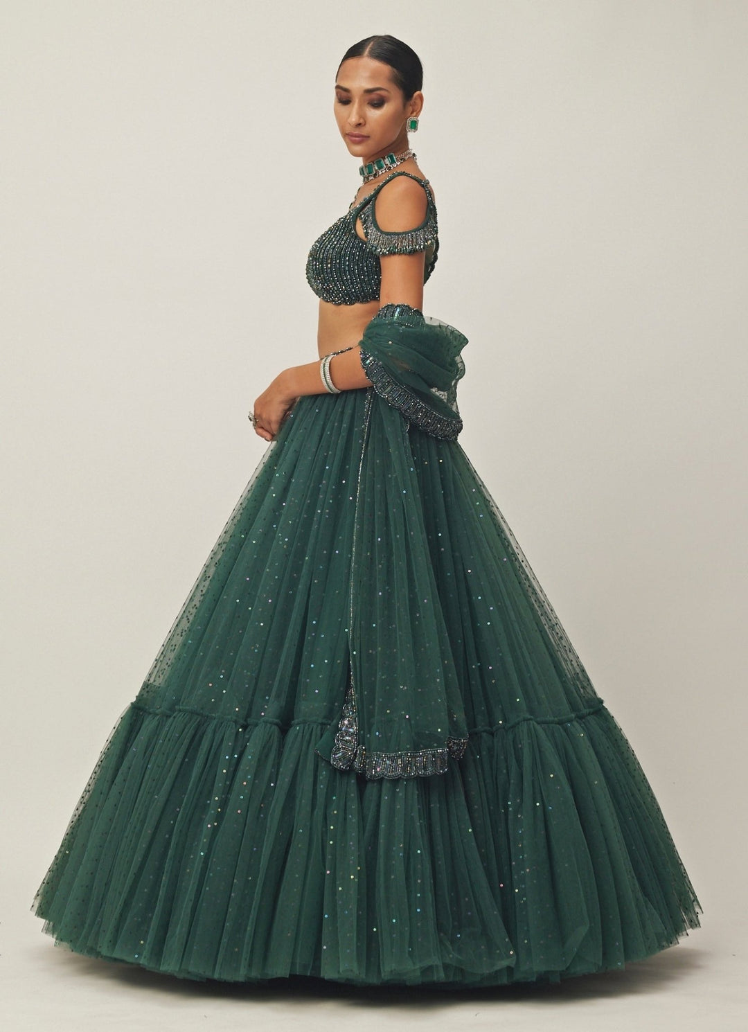 Green Crystal And Sequin Embroidered Tulle Lehenga Vvani By Vani Vats - Fabilicious Fashion