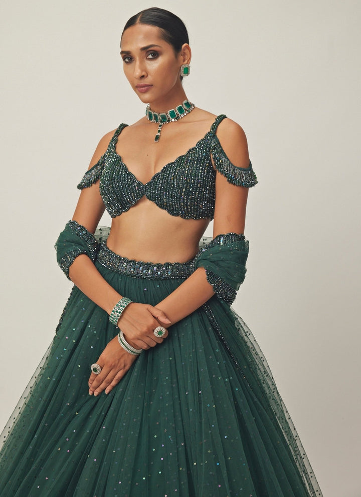 Green Crystal And Sequin Embroidered Tulle Lehenga Vvani By Vani Vats - Fabilicious Fashion