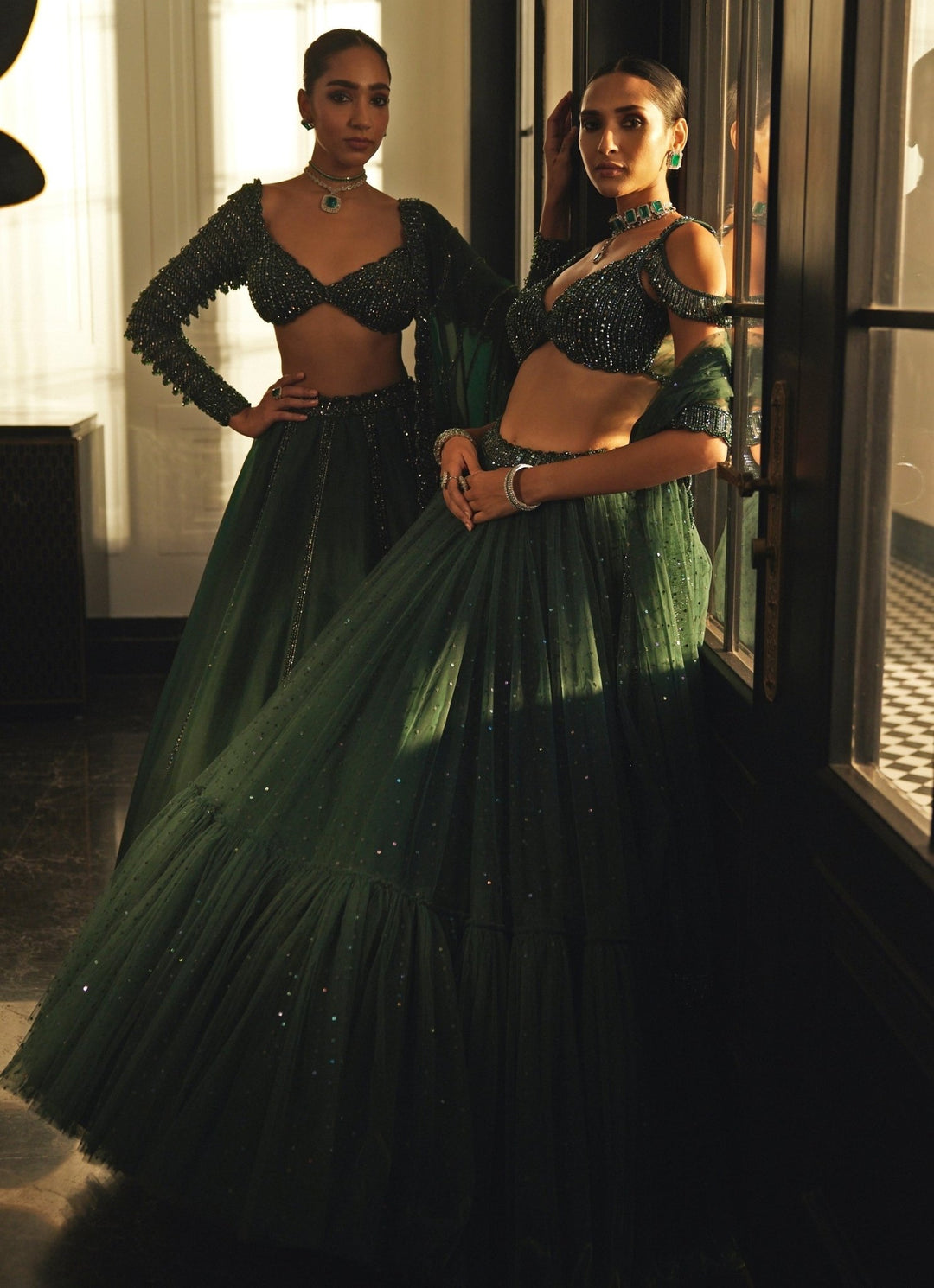 Green Crystal And Sequin Embroidered Tulle Lehenga Vvani By Vani Vats - Fabilicious Fashion