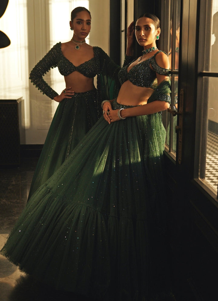Green Crystal And Sequin Embroidered Tulle Lehenga Vvani By Vani Vats - Fabilicious Fashion