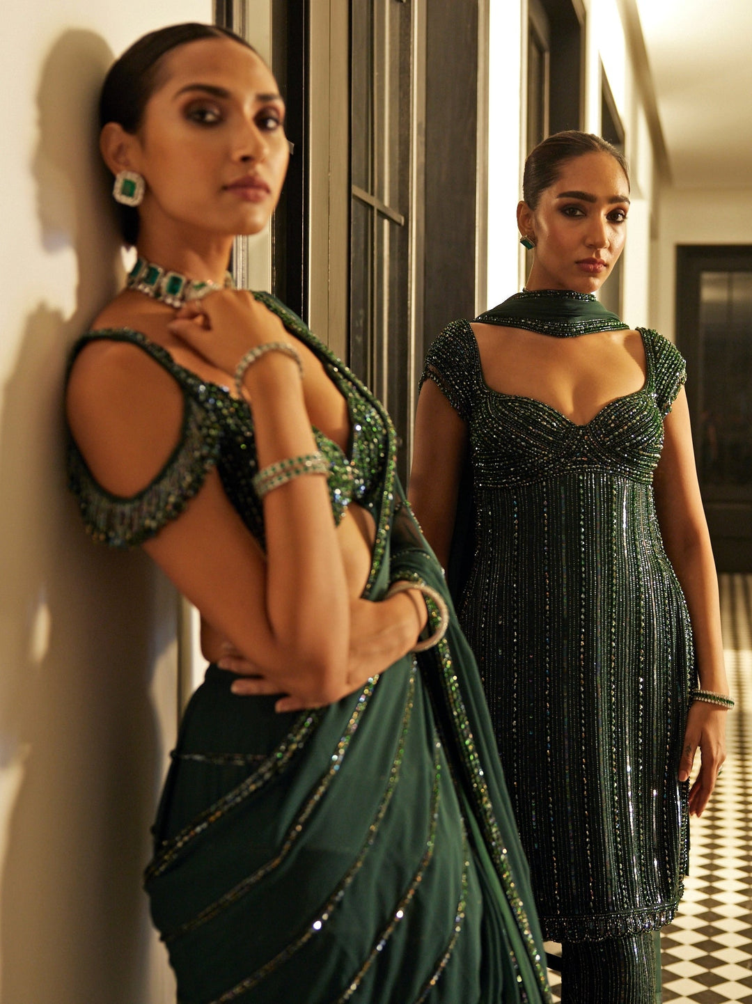 Green Crystal And Sequin Hand Embroidered Kurta Pant Set Vvani By Vani Vats - Fabilicious Fashion