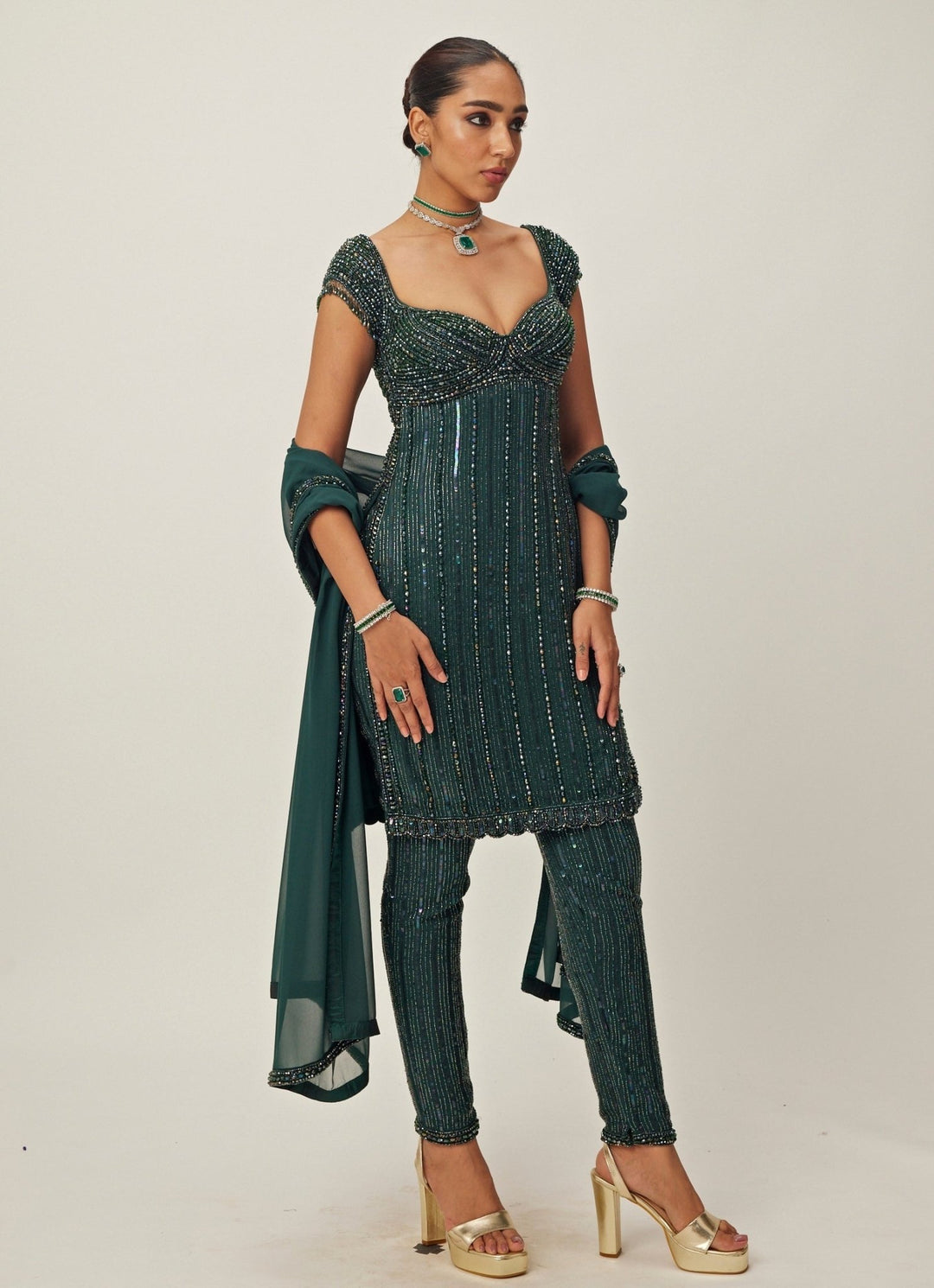 Green Crystal And Sequin Hand Embroidered Kurta Pant Set Vvani By Vani Vats - Fabilicious Fashion