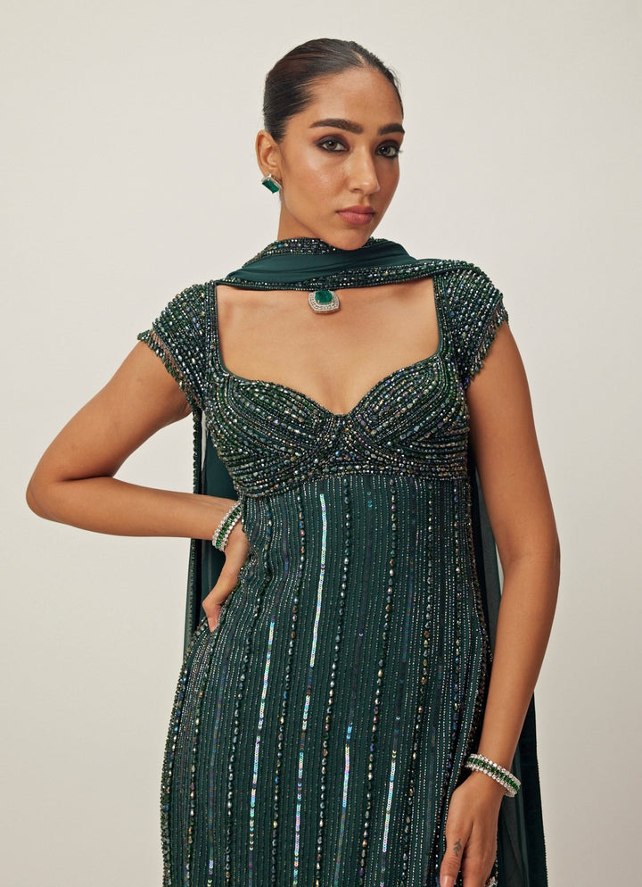 Green Crystal And Sequin Hand Embroidered Kurta Pant Set Vvani By Vani Vats - Fabilicious Fashion