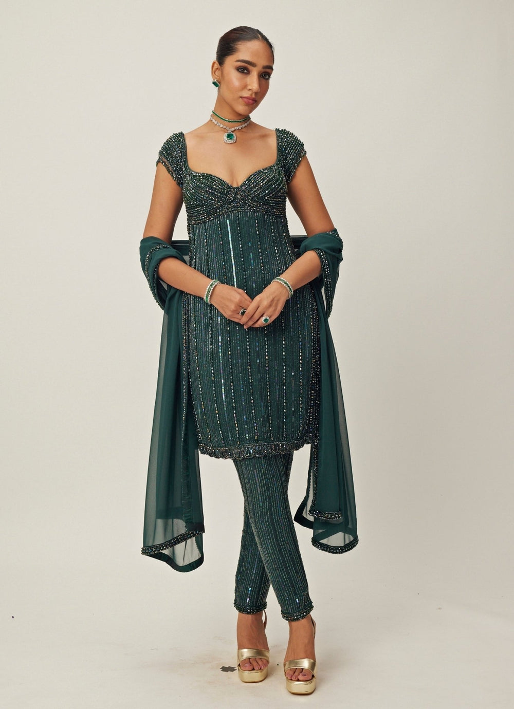 Green Crystal And Sequin Hand Embroidered Kurta Pant Set Vvani By Vani Vats - Fabilicious Fashion