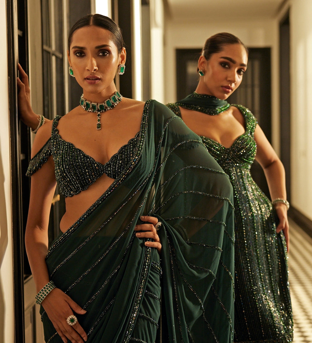 Green Crystal Linear Embroidered Georgette Saree Vvani By Vani Vats - Fabilicious Fashion
