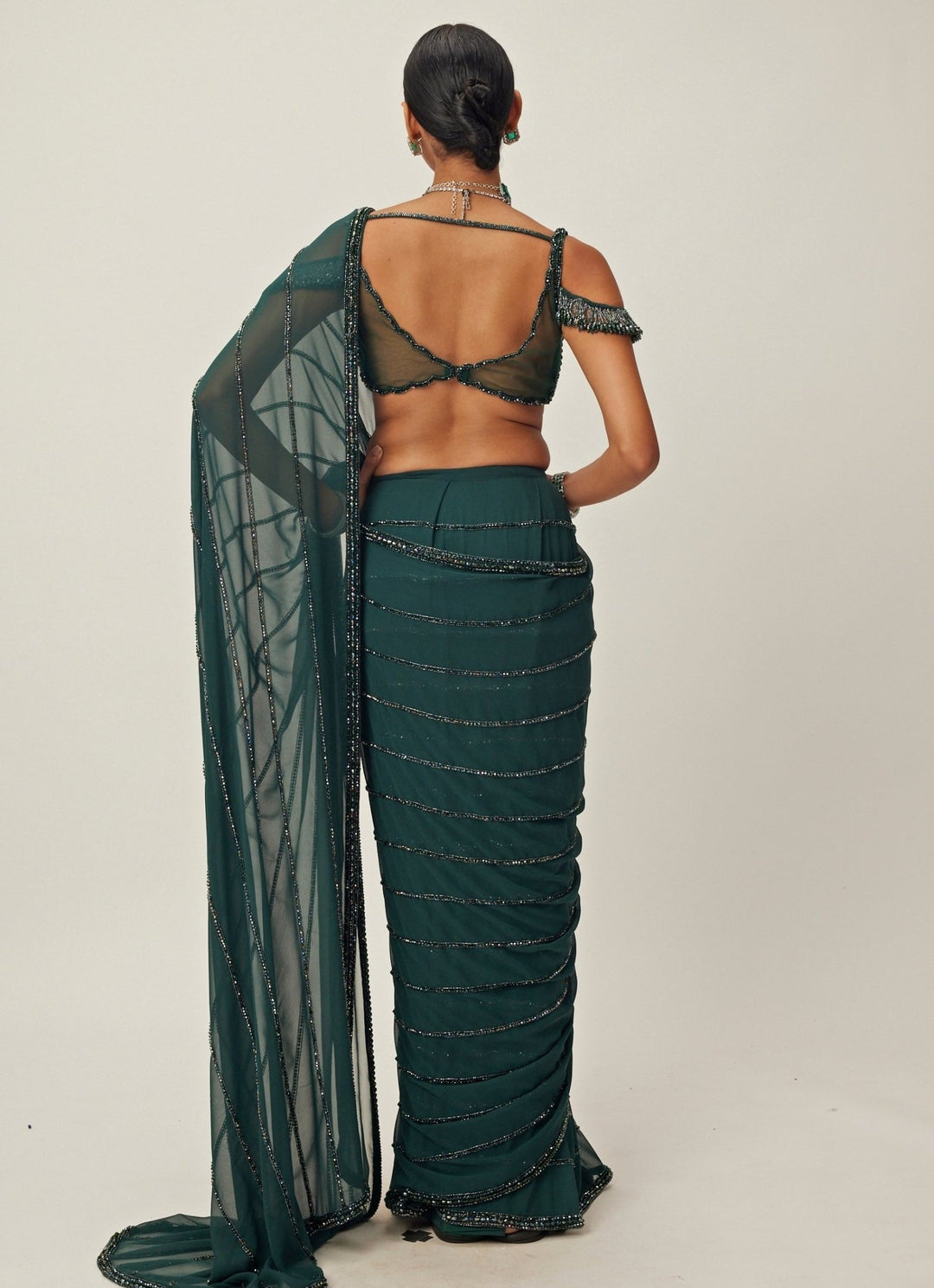 Green Crystal Linear Embroidered Georgette Saree Vvani By Vani Vats - Fabilicious Fashion