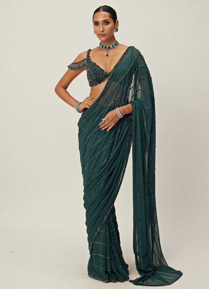 Green Crystal Linear Embroidered Georgette Saree Vvani By Vani Vats - Fabilicious Fashion