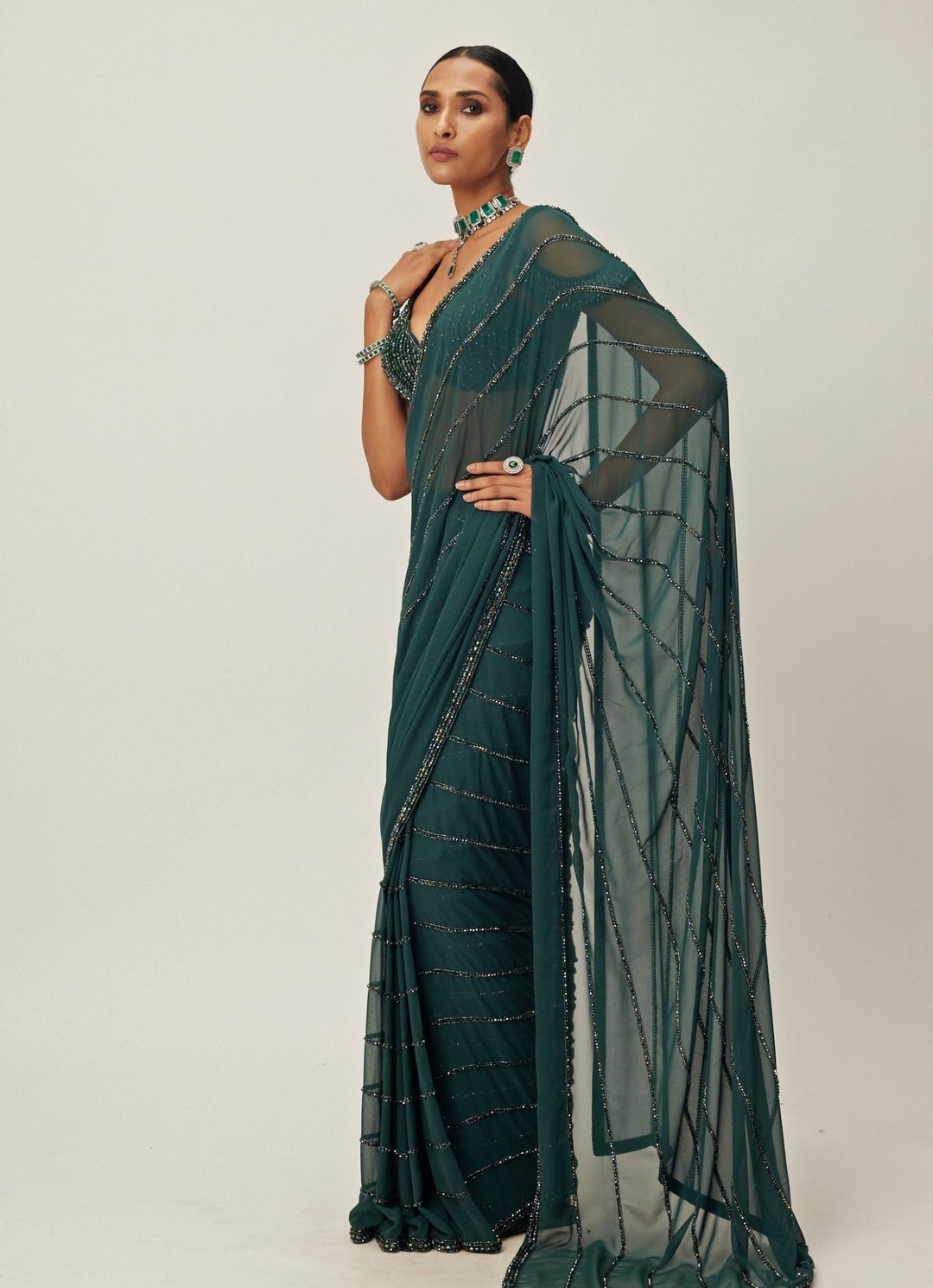 Green Crystal Linear Embroidered Georgette Saree Vvani By Vani Vats - Fabilicious Fashion