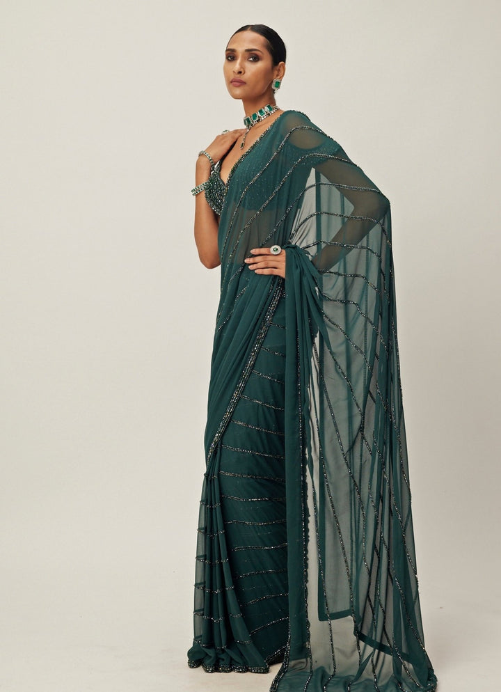 Green Crystal Linear Embroidered Georgette Saree Vvani By Vani Vats - Fabilicious Fashion