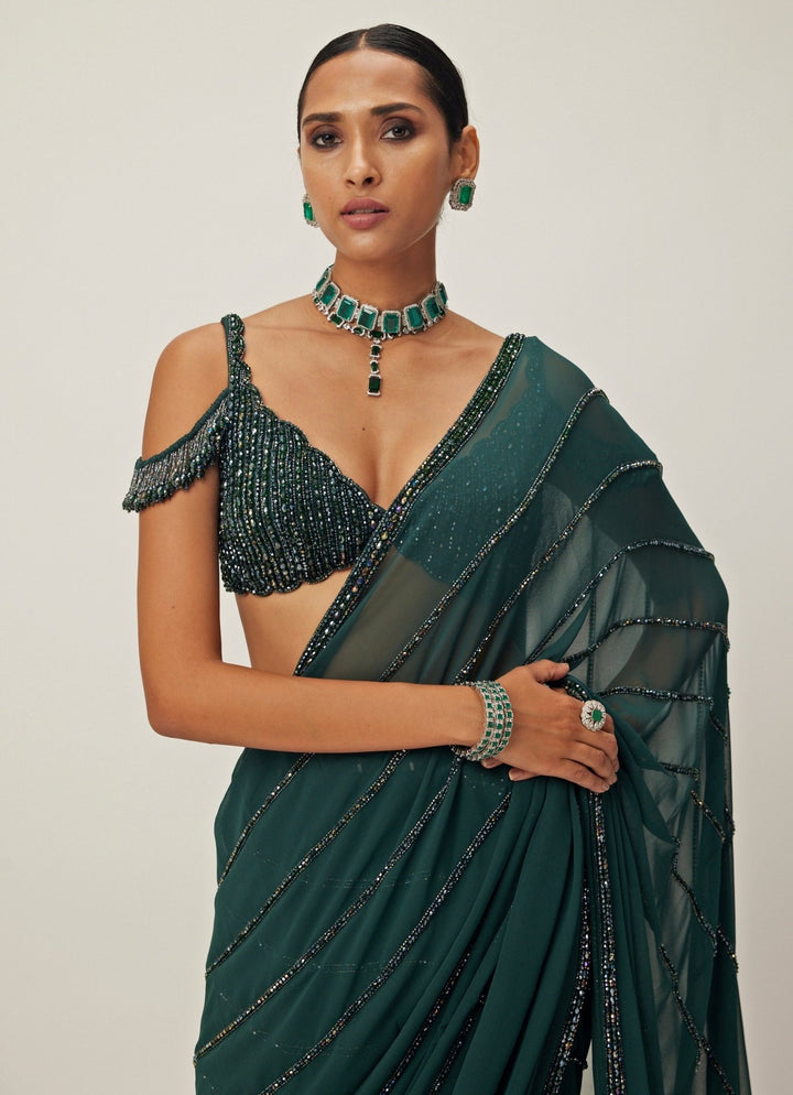Green Crystal Linear Embroidered Georgette Saree Vvani By Vani Vats - Fabilicious Fashion