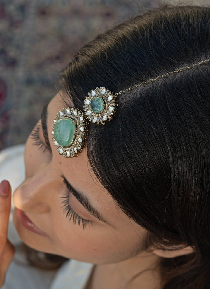 Do Taara Green Crystals Encrusted Victorian MaangtikkaFabilicious Fashion