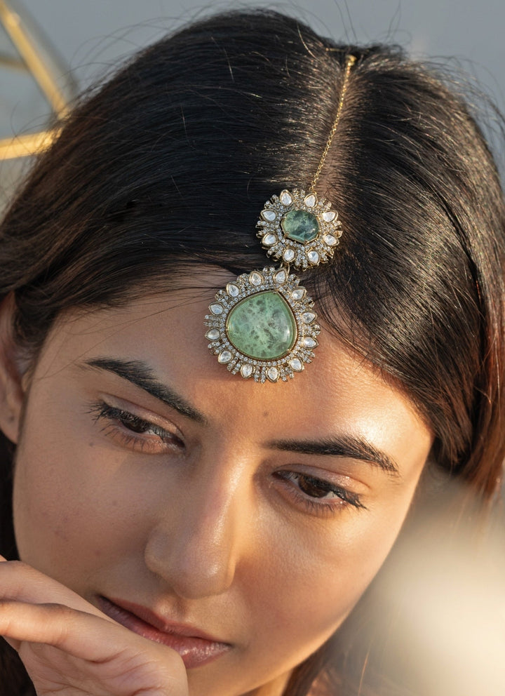 Do Taara Green Crystals Encrusted Victorian MaangtikkaFabilicious Fashion