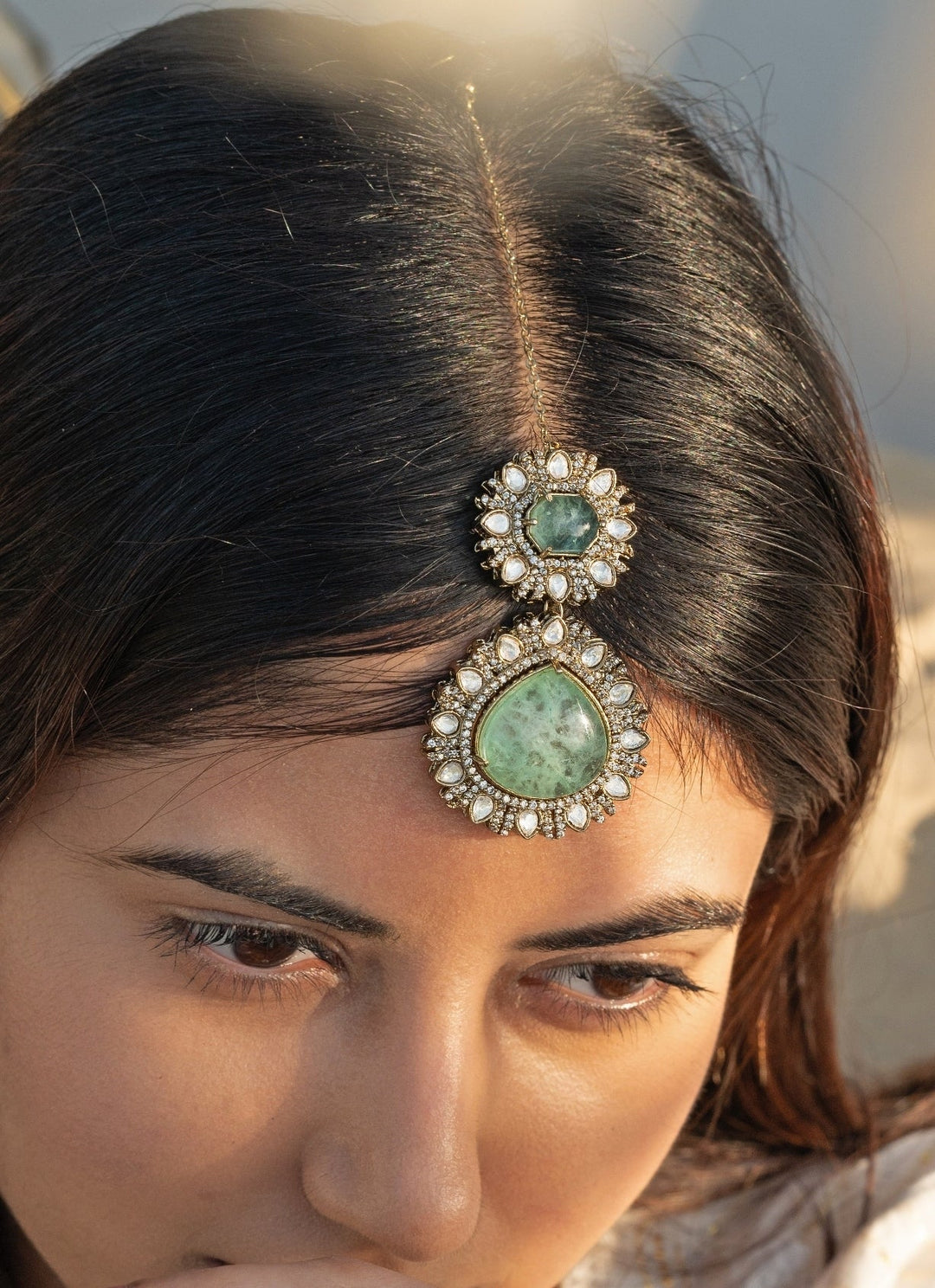 Do Taara Green Crystals Encrusted Victorian MaangtikkaFabilicious Fashion