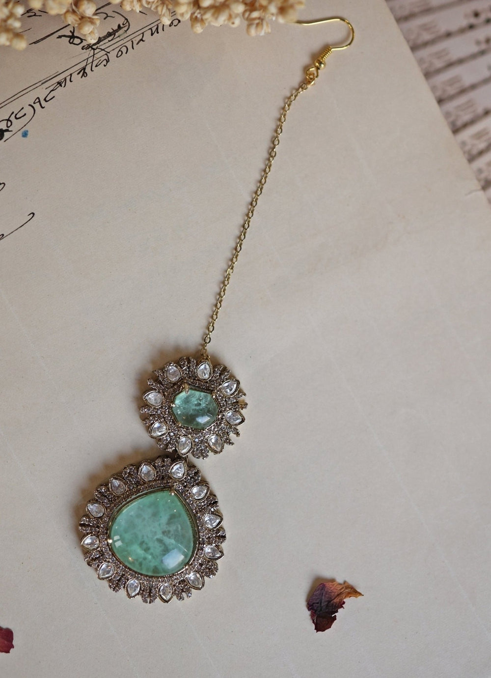 Do Taara Green Crystals Encrusted Victorian MaangtikkaFabilicious Fashion