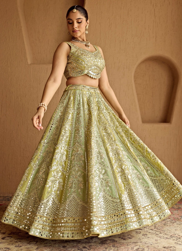 Green Dual Kali Embroidered Tissue Lehenga Suhino - Fabilicious Fashion