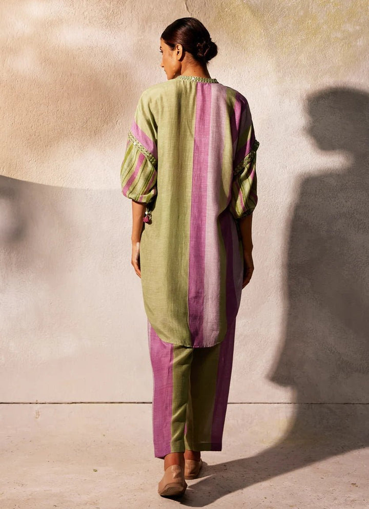 Green Dual - Tone Linen Silk Tunic Pants Set Basil Leaf - Fabilicious Fashion