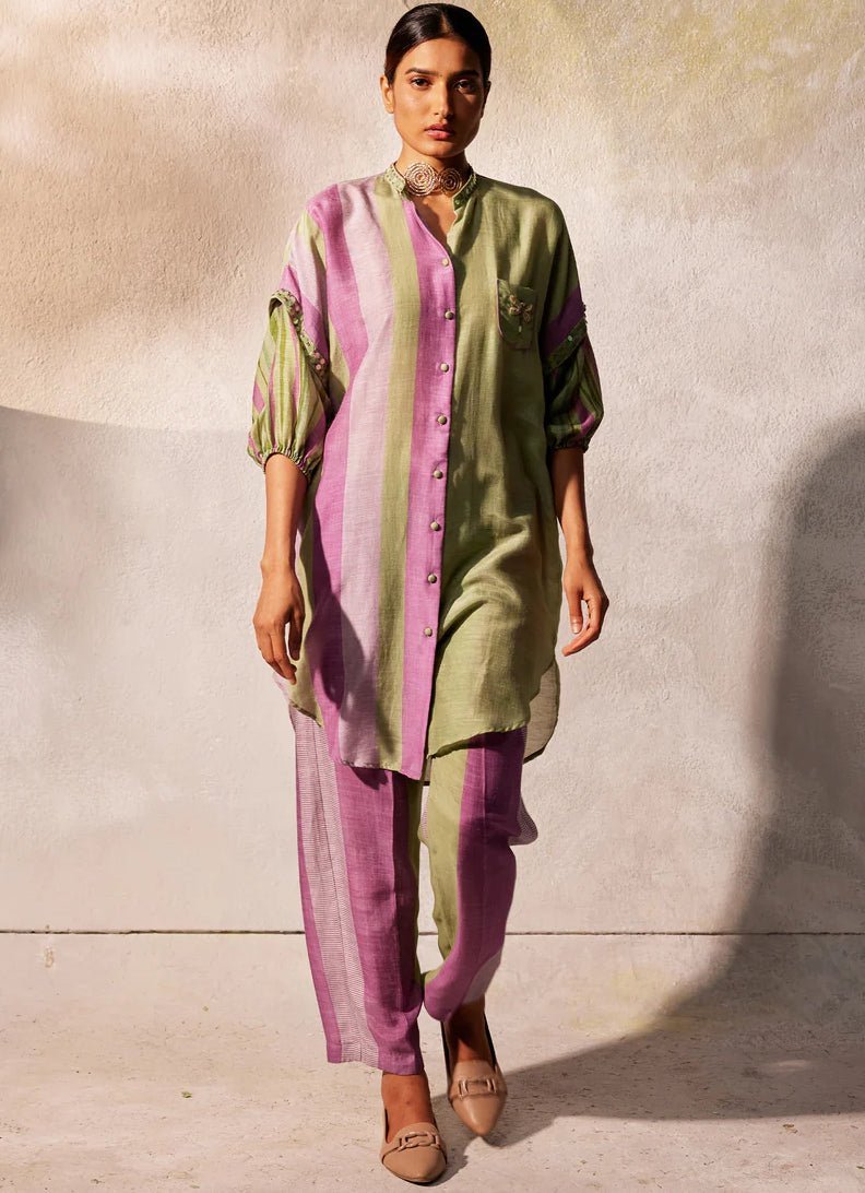 Green Dual - Tone Linen Silk Tunic Pants Set Basil Leaf - Fabilicious Fashion