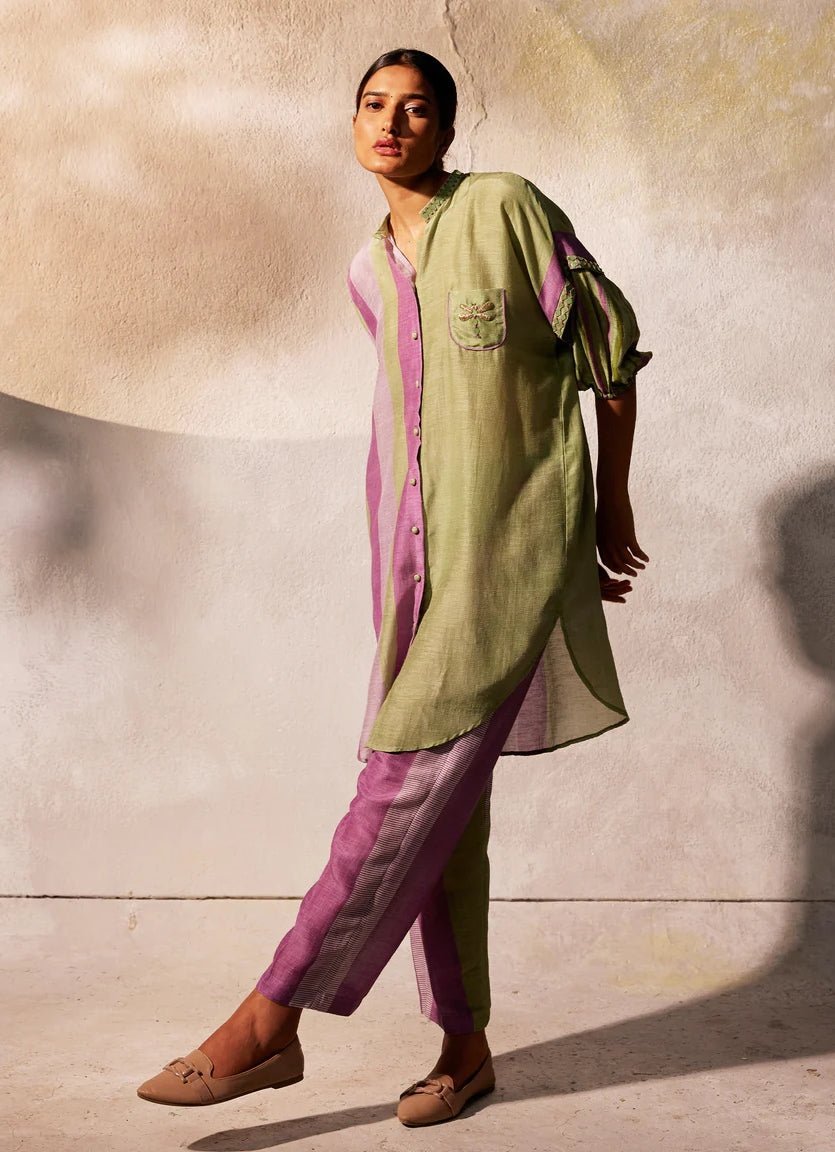 Green Dual - Tone Linen Silk Tunic Pants Set Basil Leaf - Fabilicious Fashion