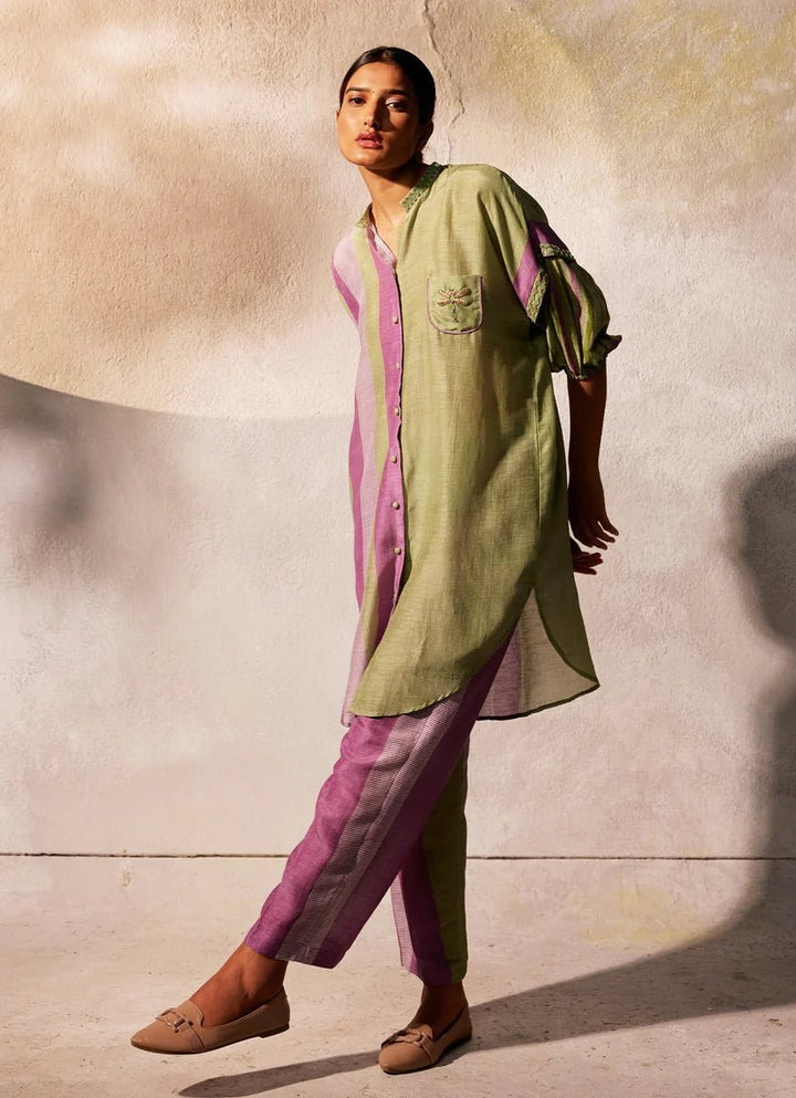 Green Dual - Tone Linen Silk Tunic Pants Set Basil Leaf - Fabilicious Fashion