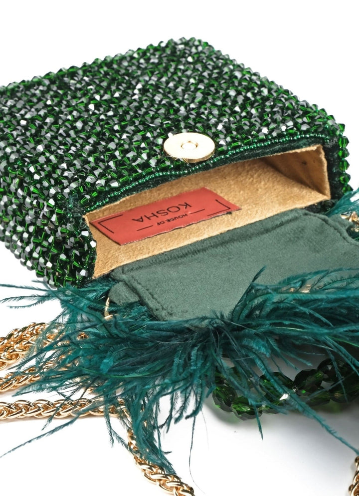 Green Embellished Mini Bag With Feathers House of Kosha - Fabilicious Fashion
