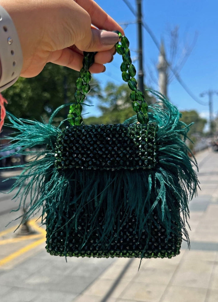 Green Embellished Mini Bag With Feathers House of Kosha - Fabilicious Fashion