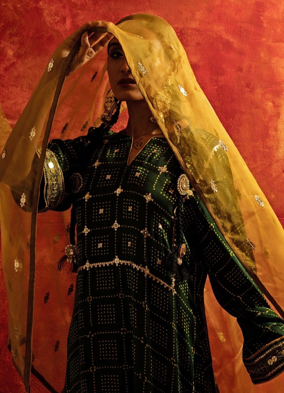 Green Embroidered And Hand - Blocked Satin Kurta Set With Contrast Dupatta Prahnaaya - Fabilicious Fashion