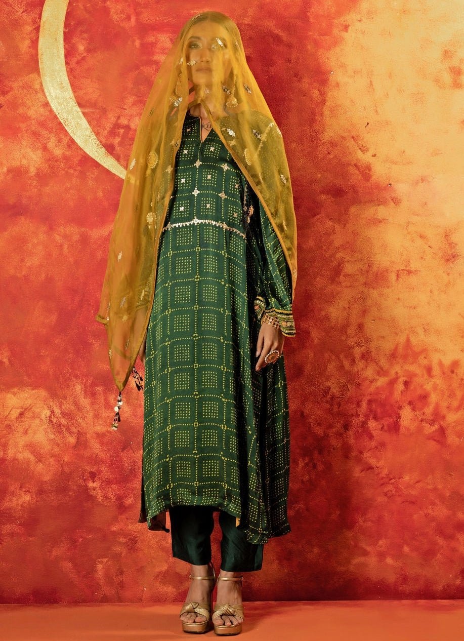 Green Embroidered And Hand - Blocked Satin Kurta Set With Contrast Dupatta Prahnaaya - Fabilicious Fashion