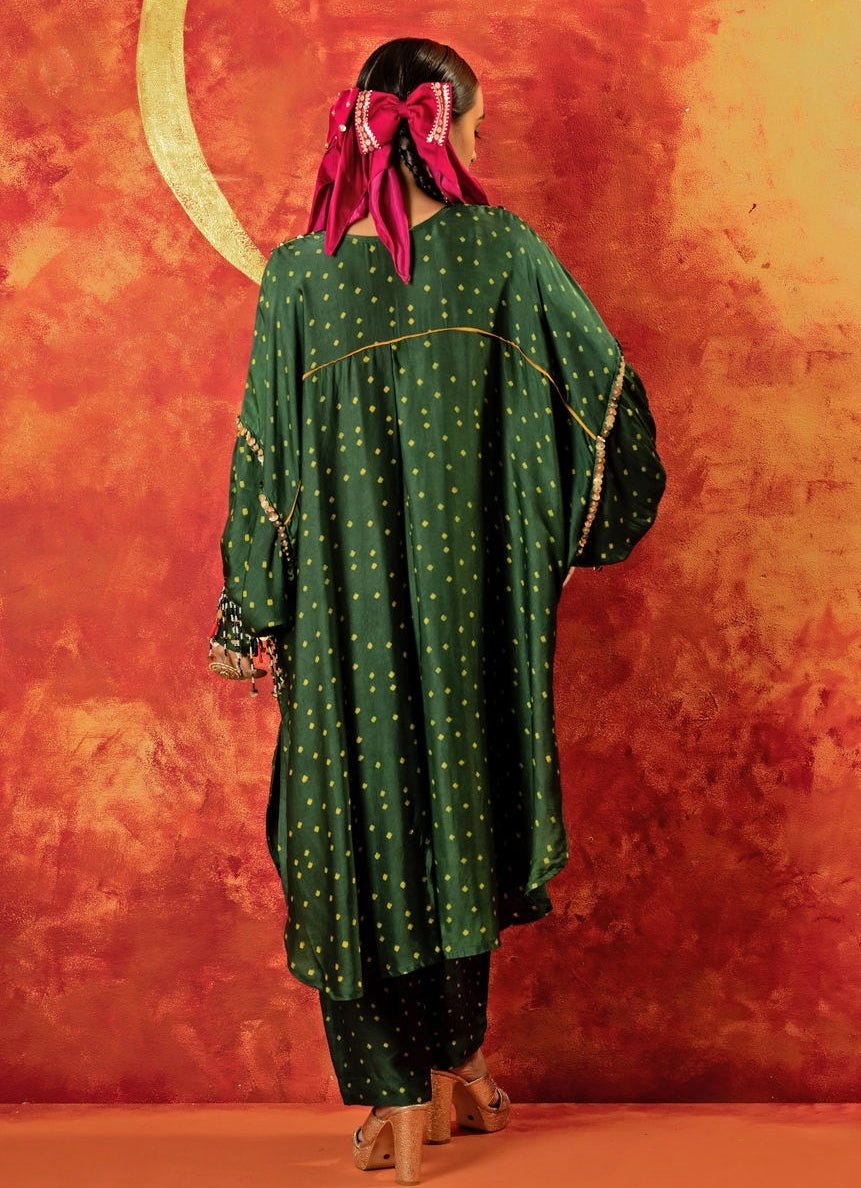 Green Embroidered And Hand - Blocked Satin Kurta With Pants Prahnaaya - Fabilicious Fashion