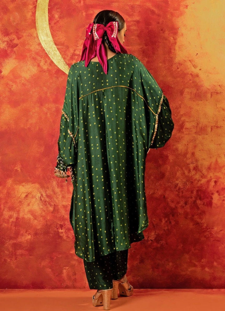 Green Embroidered And Hand - Blocked Satin Kurta With Pants Prahnaaya - Fabilicious Fashion