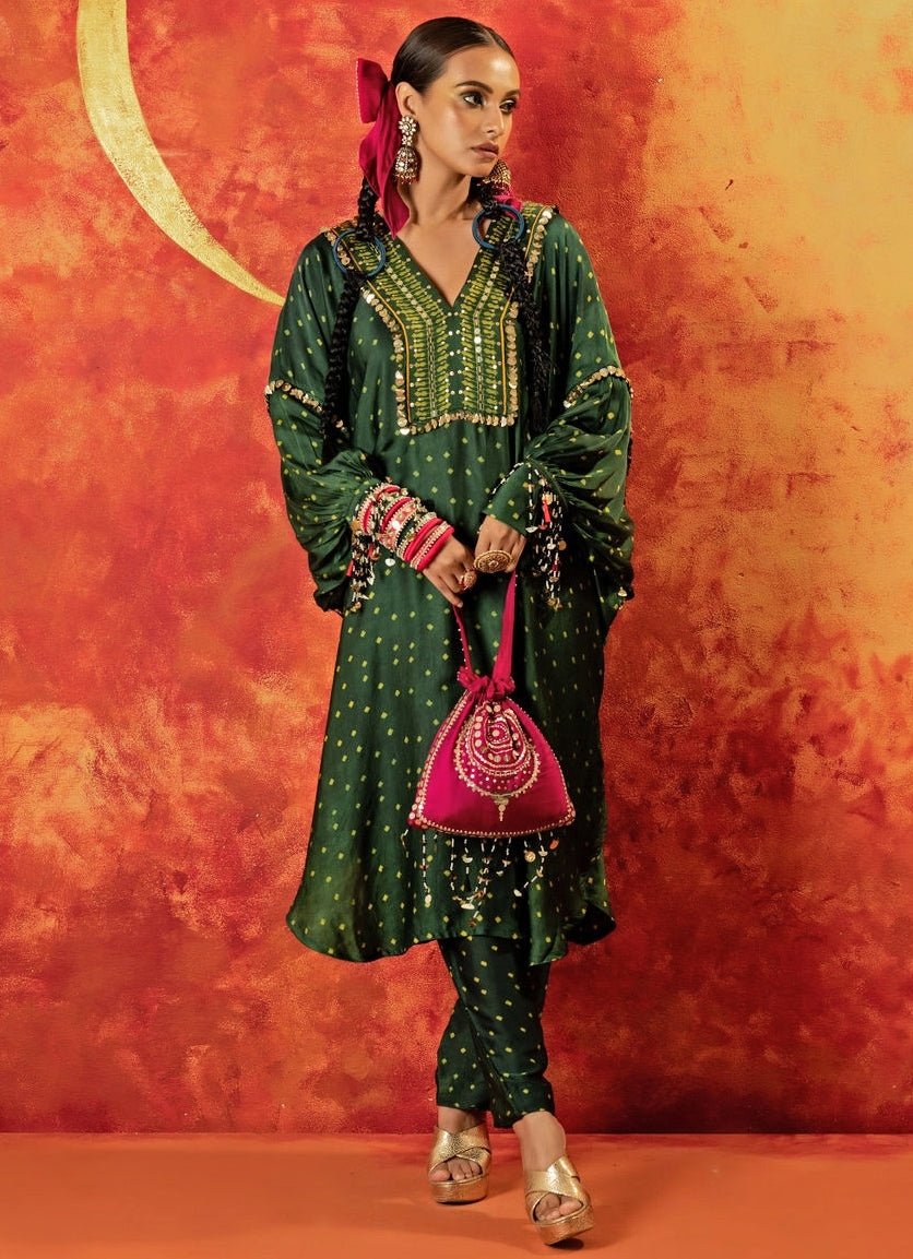 Green Embroidered And Hand - Blocked Satin Kurta With Pants Prahnaaya - Fabilicious Fashion
