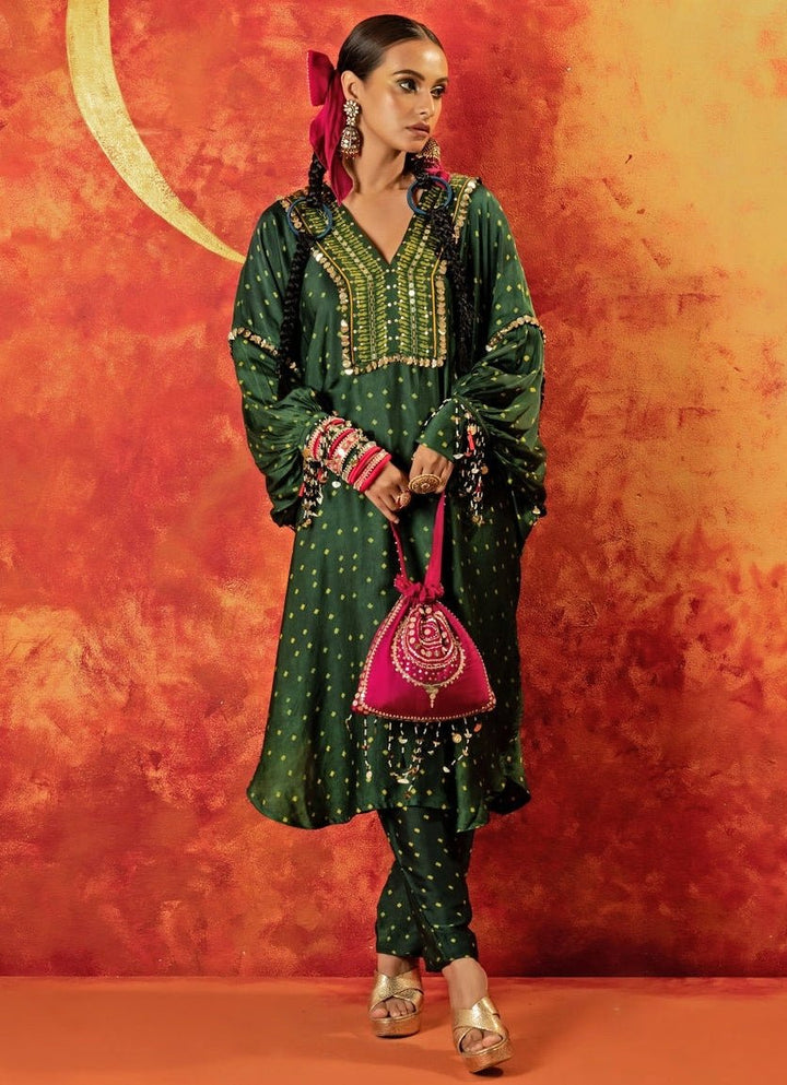 Green Embroidered And Hand - Blocked Satin Kurta With Pants Prahnaaya - Fabilicious Fashion