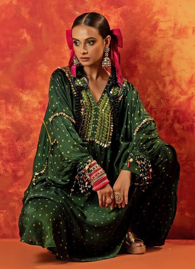 Green Embroidered And Hand - Blocked Satin Kurta With Pants Prahnaaya - Fabilicious Fashion