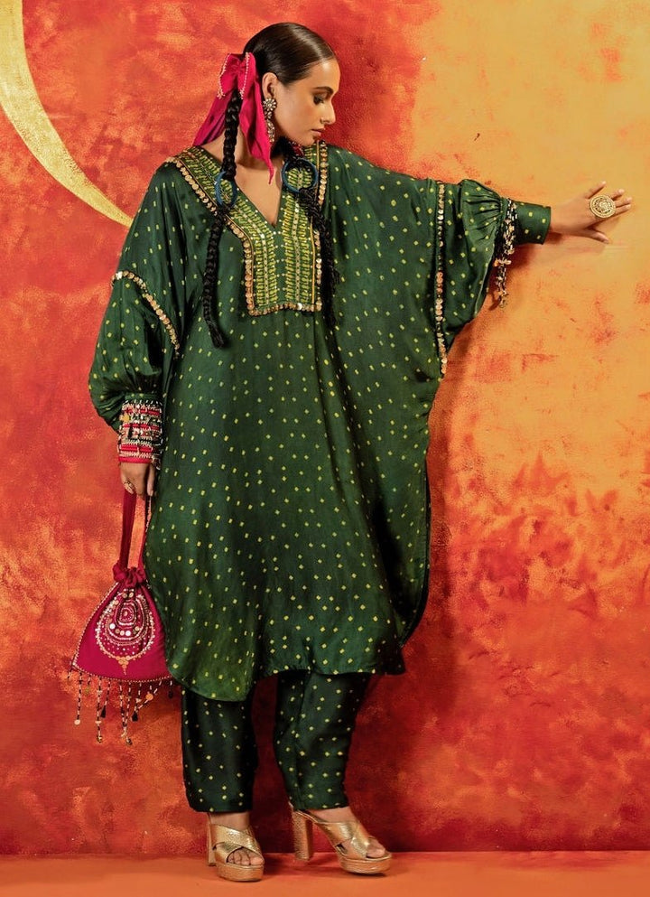 Green Embroidered And Hand - Blocked Satin Kurta With Pants Prahnaaya - Fabilicious Fashion