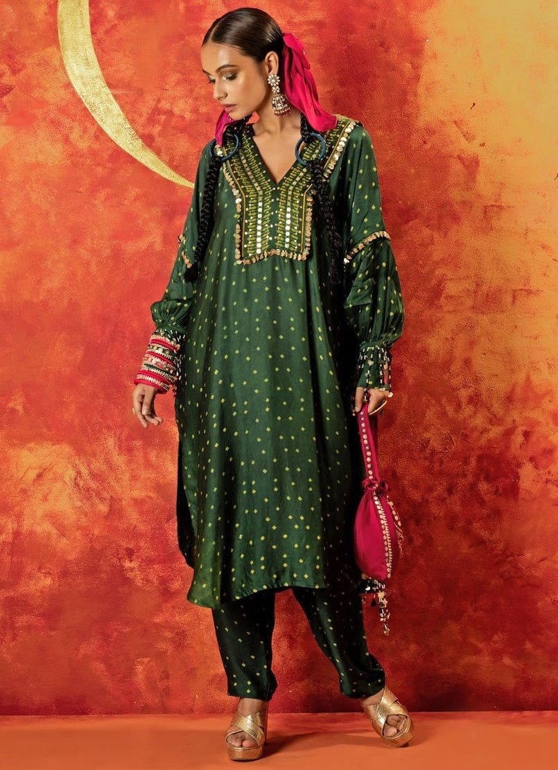 Green Embroidered And Hand - Blocked Satin Kurta With Pants Prahnaaya - Fabilicious Fashion