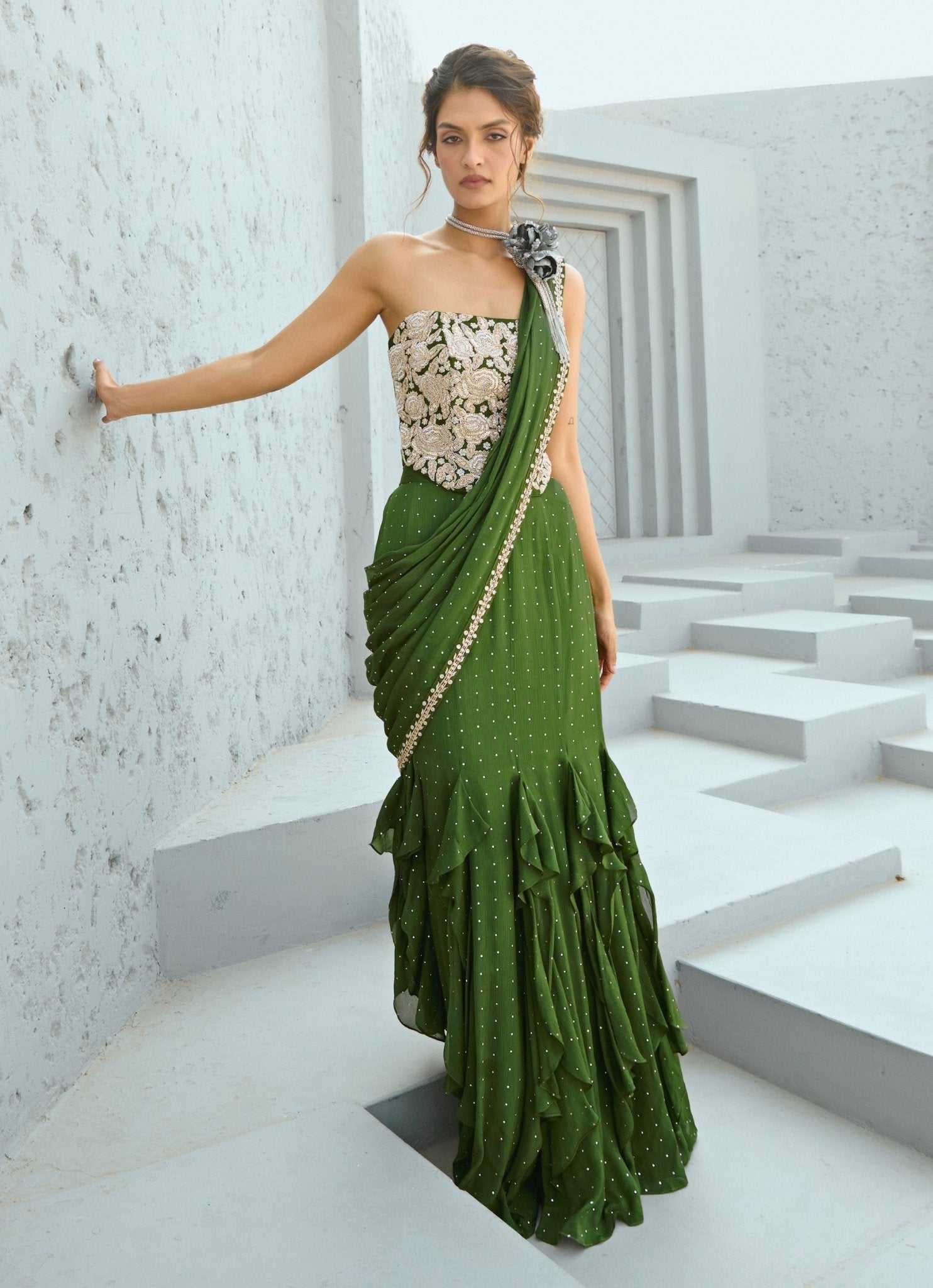 Chamee and Palak green embroidered pre-stitched saree with corset — modern saree trends 2026