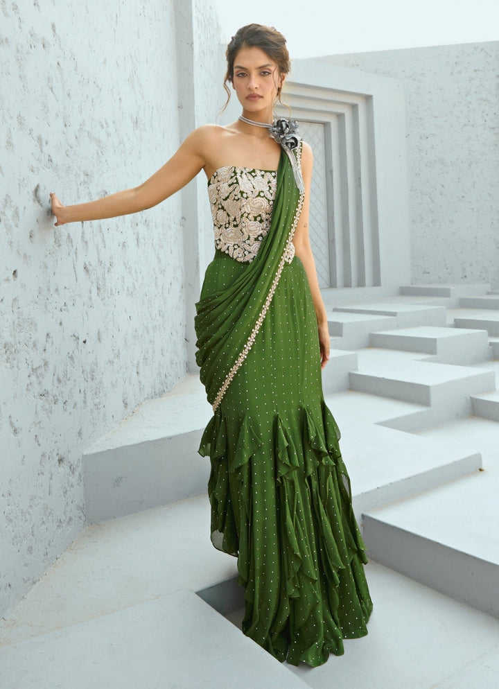 Green Embroidered And Pre Stitched Georgette Saree With Corset Chamee and Palak - Fabilicious Fashion