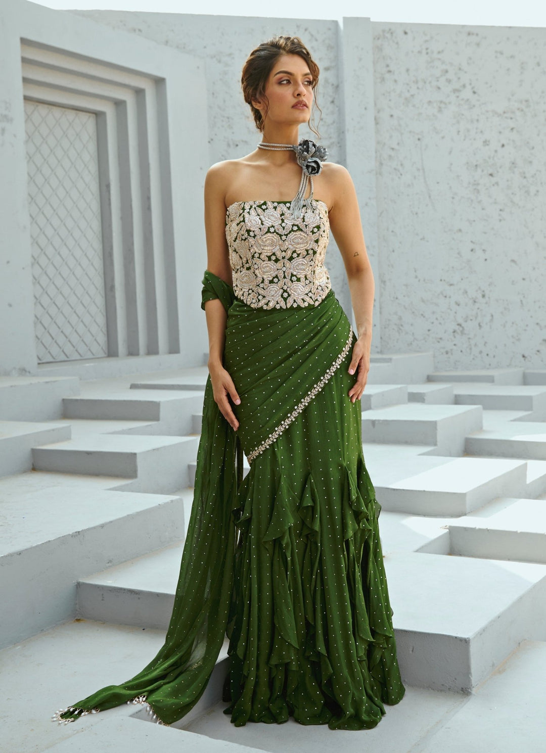 Green Embroidered And Pre Stitched Georgette Saree With Corset Chamee and Palak - Fabilicious Fashion