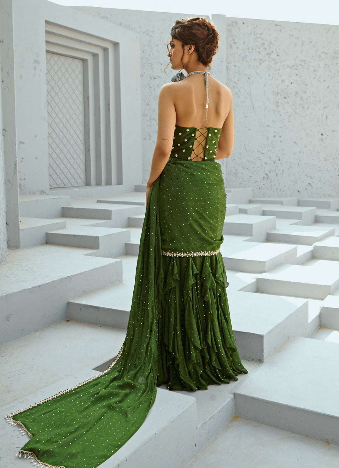 Green Embroidered And Pre Stitched Georgette Saree With Corset Chamee and Palak - Fabilicious Fashion